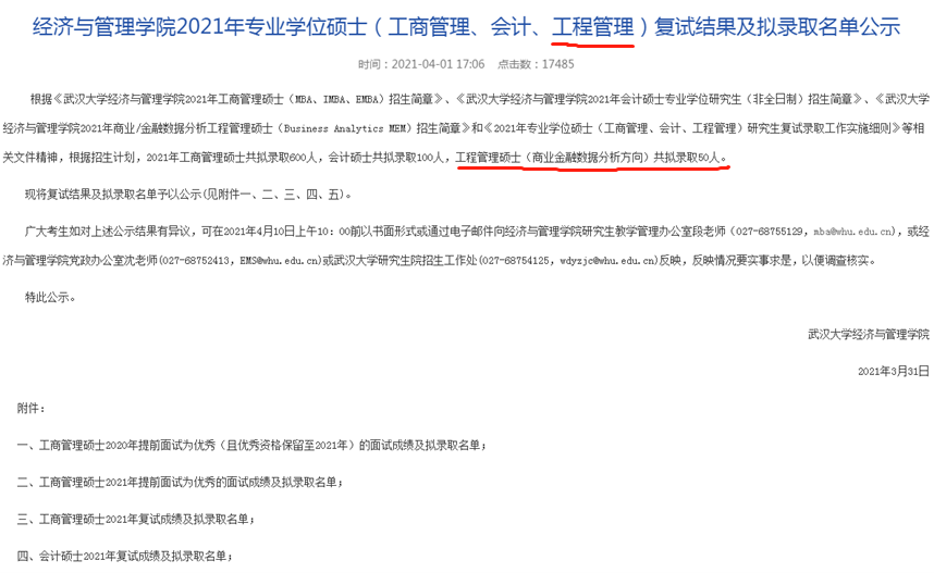 2021年武漢大學MEM(商業金融數據分析方向)復試結果和擬錄取名單