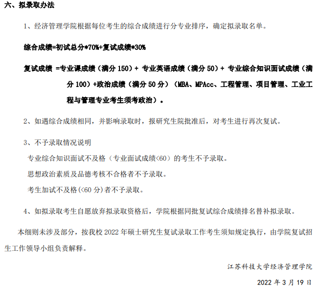 2022年江蘇科技大學MBA復試錄取方案（復試時間、復試內容）